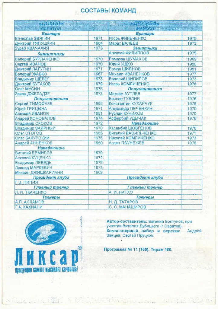 Сокол Саратов - Дружба Майкоп 28.06.1999 Кубок России 1/32 финала Альтернатива 1