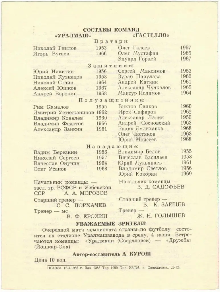 Уралмаш Свердловск - Гастелло Уфа 14.05.1986 Кубок РСФСР 1/32 финала 1