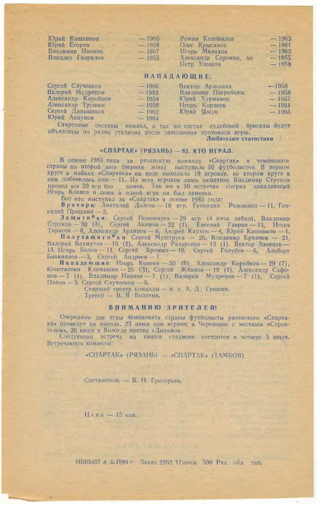 Спартак Рязань - Красная Пресня Москва 16.06.1984 1