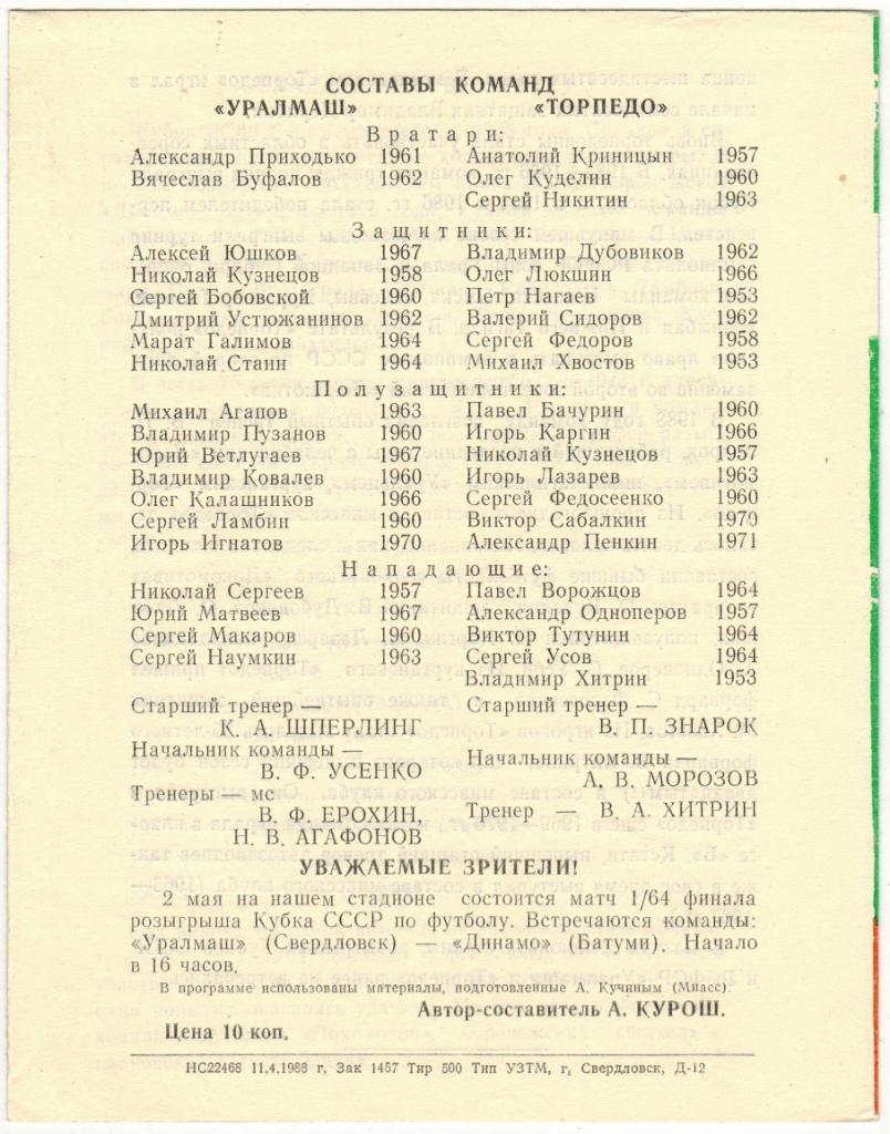 Уралмаш Свердловск - Торпедо Миасс 28.04.1988 Кубок РСФСР 1