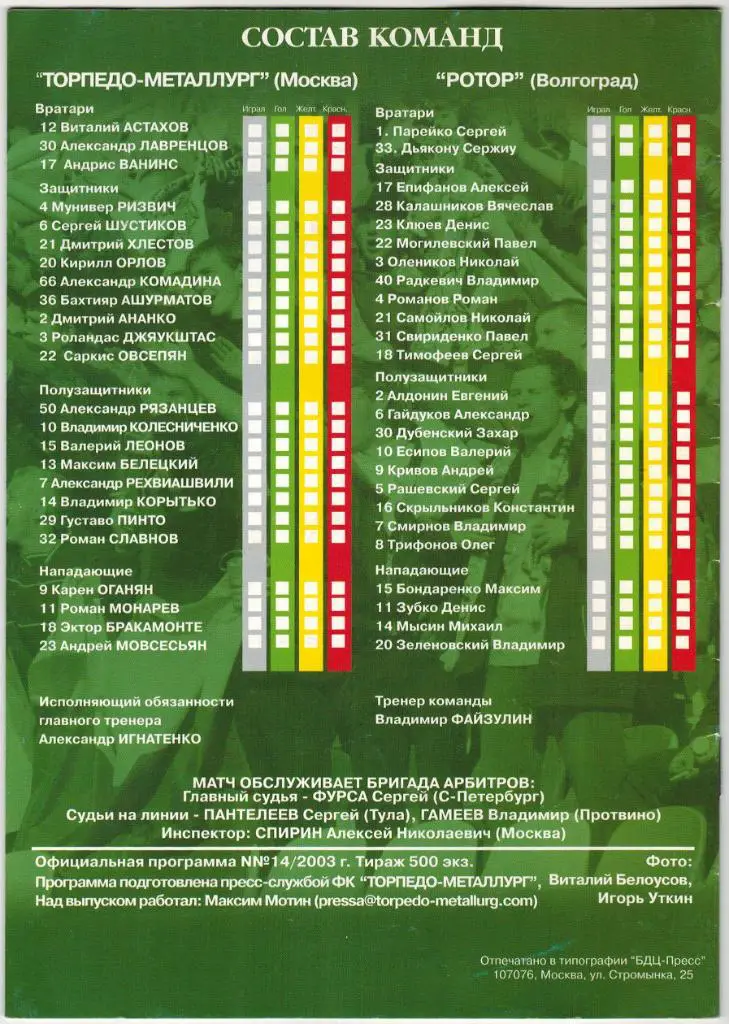 Торпедо-Металлург Москва - Ротор Волгоград 04.10.2003 Тираж 500 экз. 1