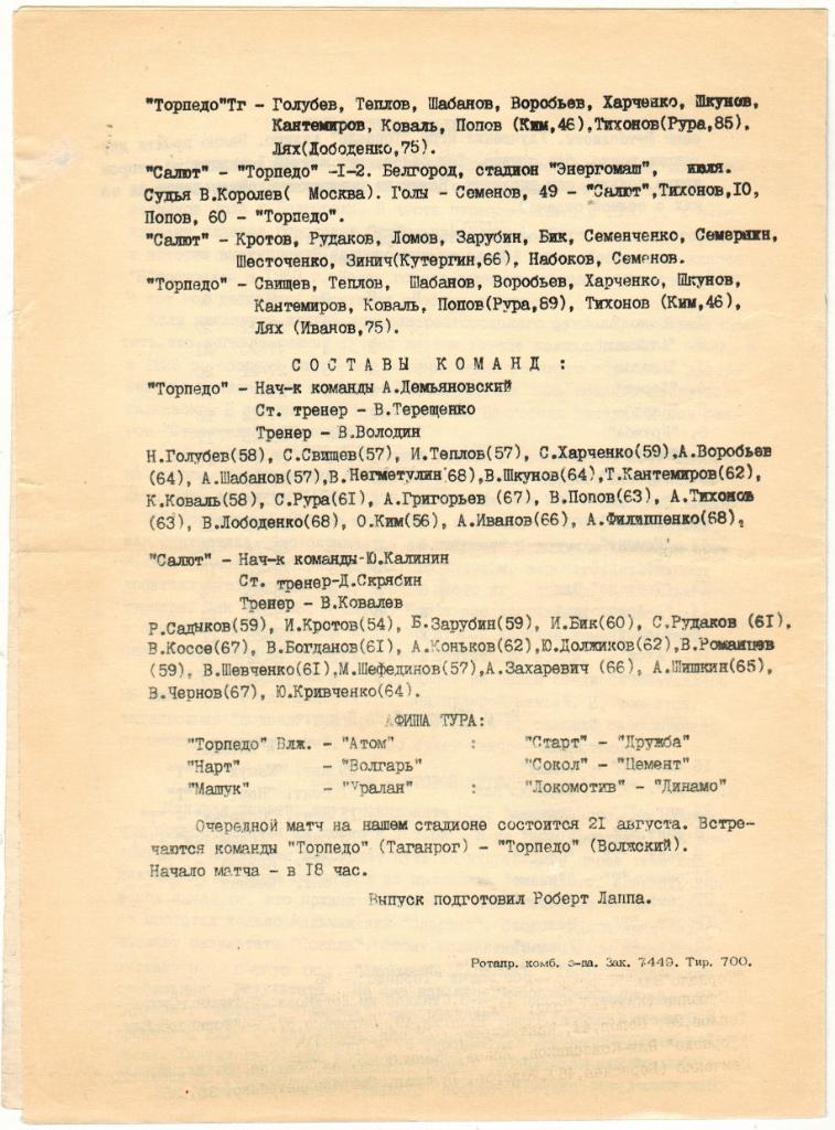 Торпедо Таганрог - Салют Белгород 15.08.1986 1