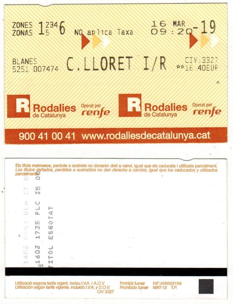 Билет на электричку компании Rodalies de Catalunya (Каталония, Испания) 2019