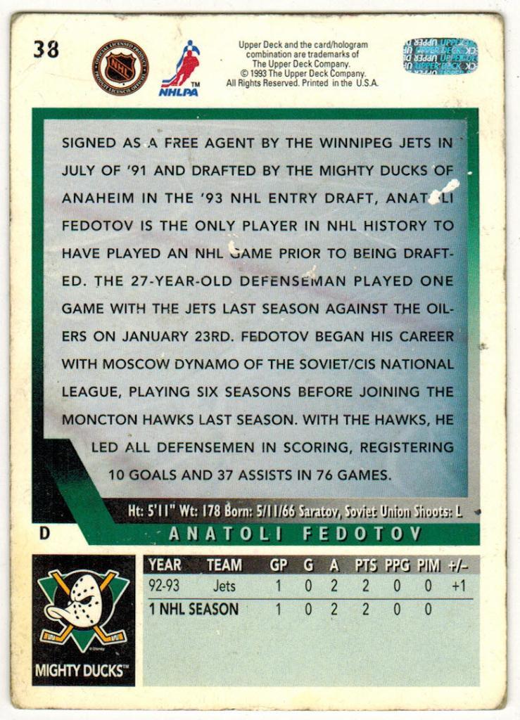 Карточка NHL Анатолий Федотов Анахайм Майти Дакс Mighty Ducks of Anaheim 1993 1