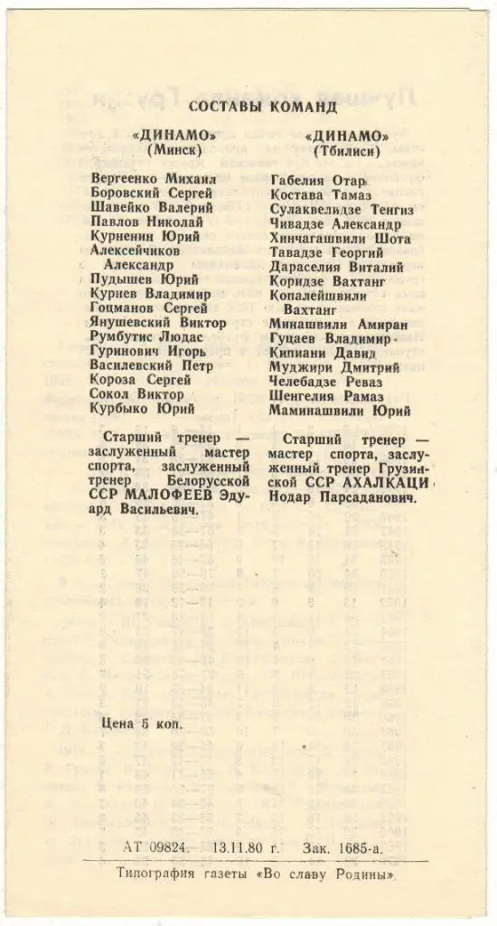 Динамо Минск - Динамо Тбилиси 22.11.1980 1