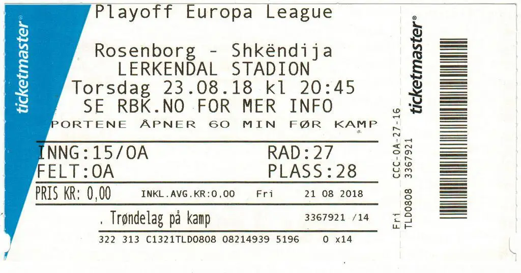 Билет Русенборг Норвегия - Шкендия Македония 23.08.2018 Лиге Европы Плей-офф