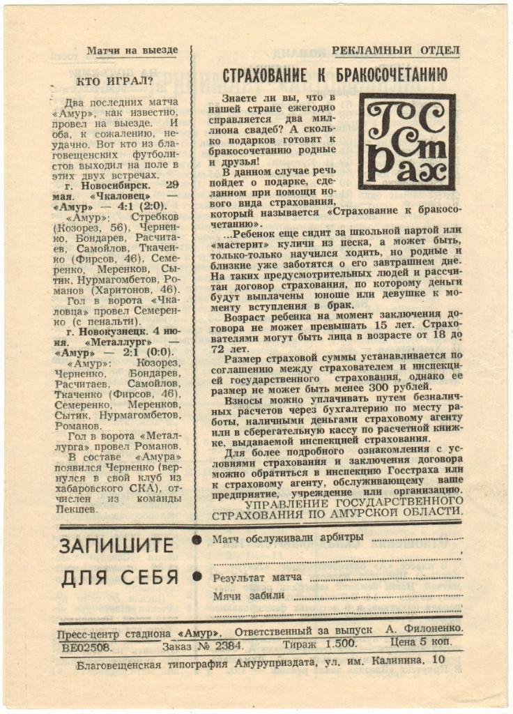 Амур Благовещенск - Звезда Иркутск 11.06.1983 1