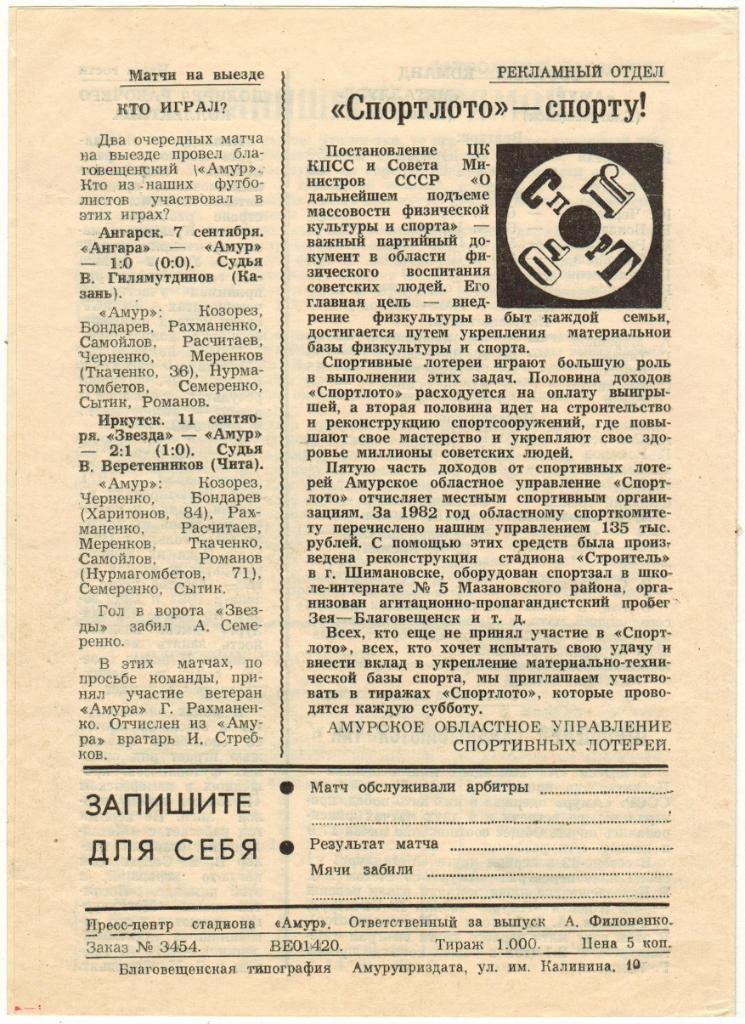 Амур Благовещенск - Металлург Новокузнецк 17.09.1983 1