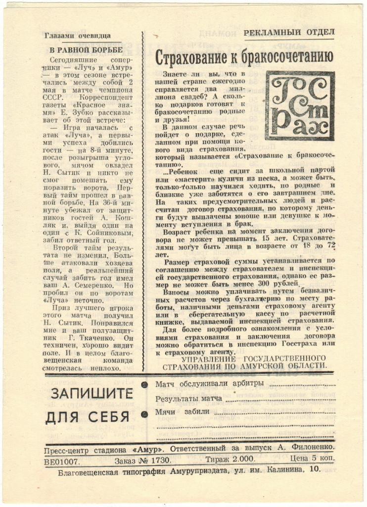 Амур Благовещенск - Луч Владивосток 09.05.1984 Кубок РСФСР 1