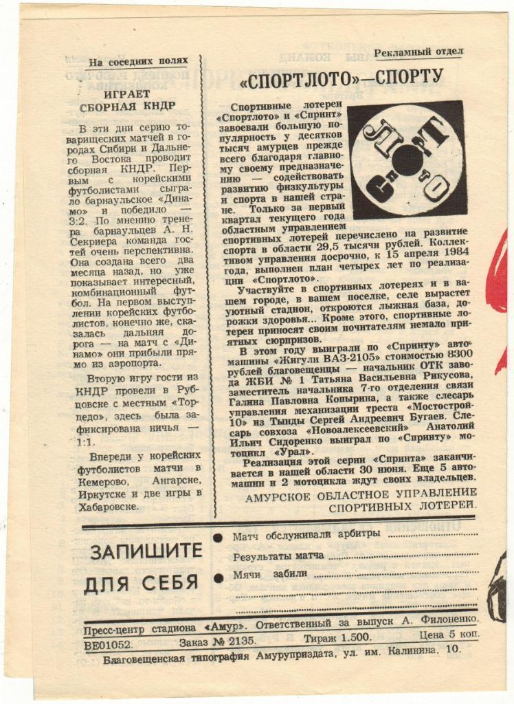 Амур Благовещенск - Торпедо Рубцовск 07.06.1984 1