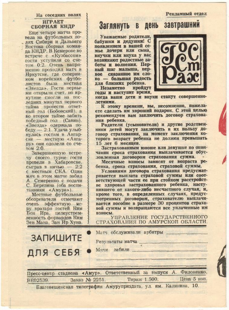 Амур Благовещенск - Селенга Улан-Удэ 20.06.1984 Кубок РСФСР 1