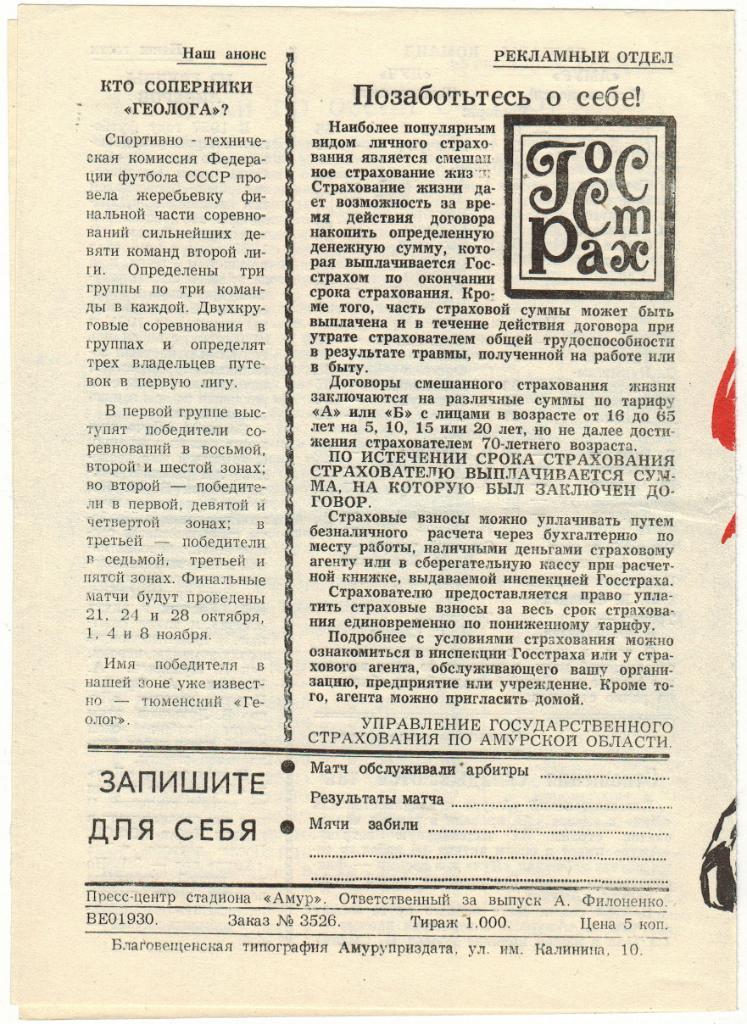 Амур Благовещенск - Луч Владивосток 03.10.1984 1