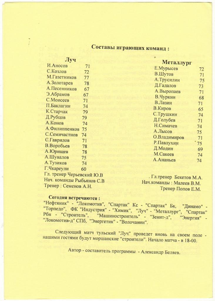 Луч Тула - Металлург Выкса 07.06.1997 1