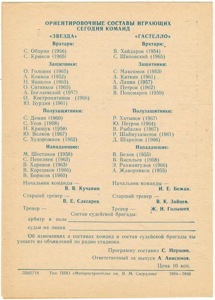 Звезда Пермь - Гастелло Уфа 13.10.1984 1