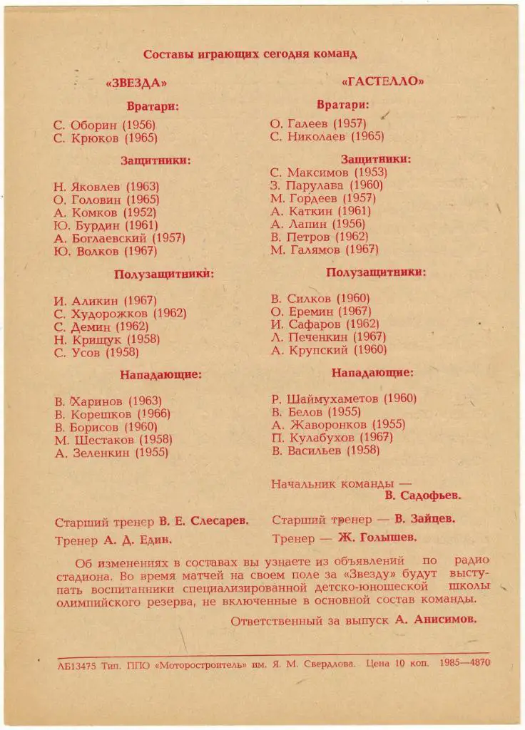 Звезда Пермь - Гастелло Уфа 22.08.1985 1