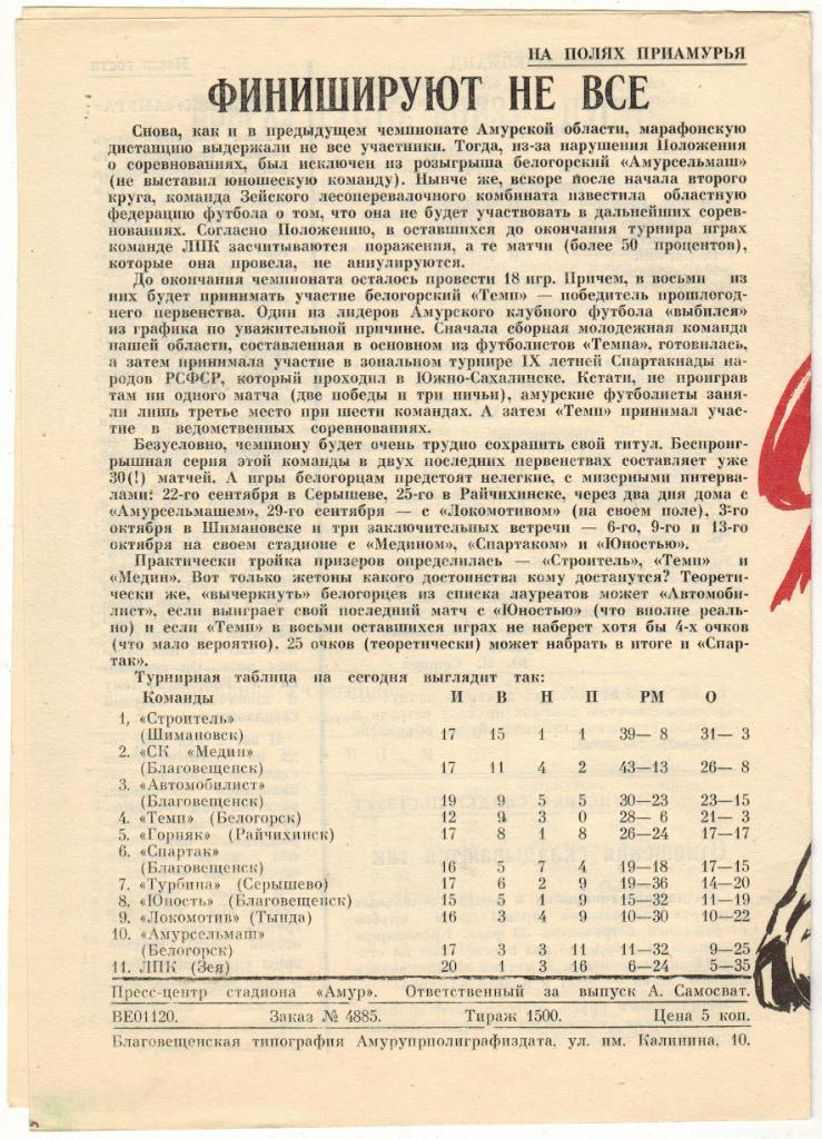 Амур Благовещенск - Автомобилист Красноярск 13.09.1985 1