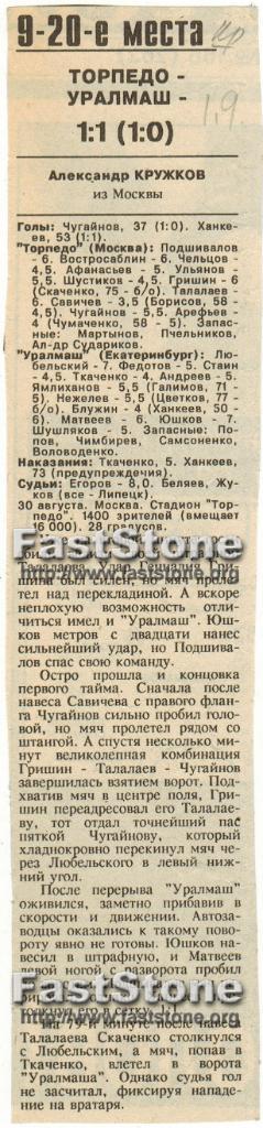 Торпедо Москва - Уралмаш Екатеринбург 30.08.1992 Отчет о матче