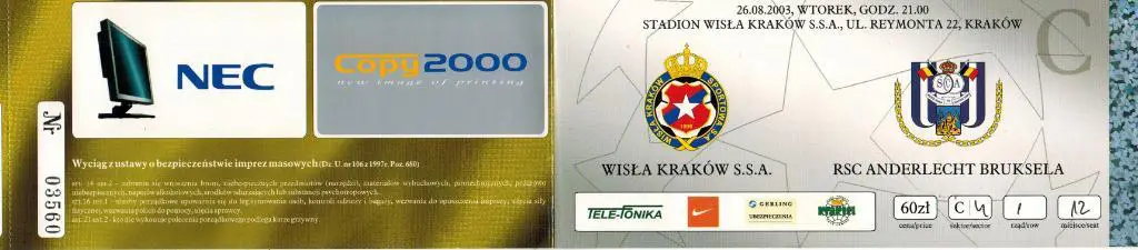 Билет Висла Краков Польша - Андерлехт Брюссель Бельгия 26.08.2003 Лига чемпионов 1