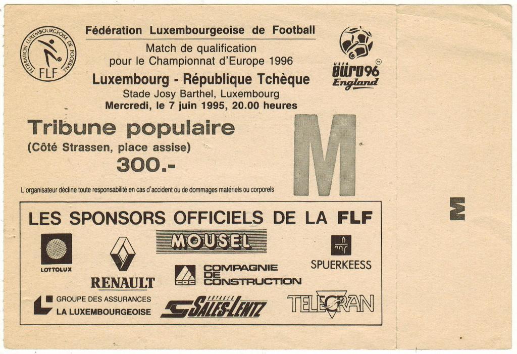 Билет Люксембург - Чехия 07.06.1995 (1:0) Отборочный матч чемпионата Европы