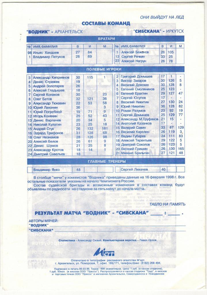 Водник Архангельск - Сибскана Иркутск 08.03.1998 1