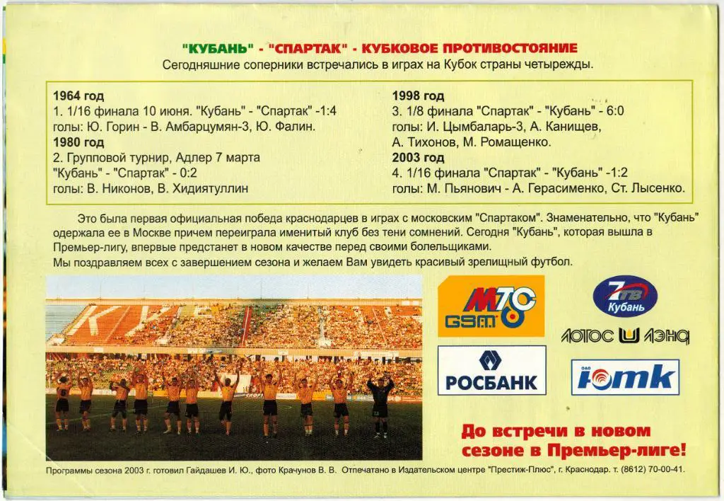 Кубань Краснодар - Спартак Москва 22.11.2003 Кубок России 1/16 РАЗНОВИДНОСТЬ 1