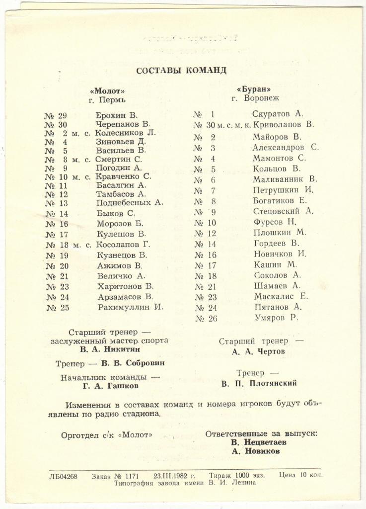 Молот Пермь - Буран Воронеж 24-25.03.1982 1