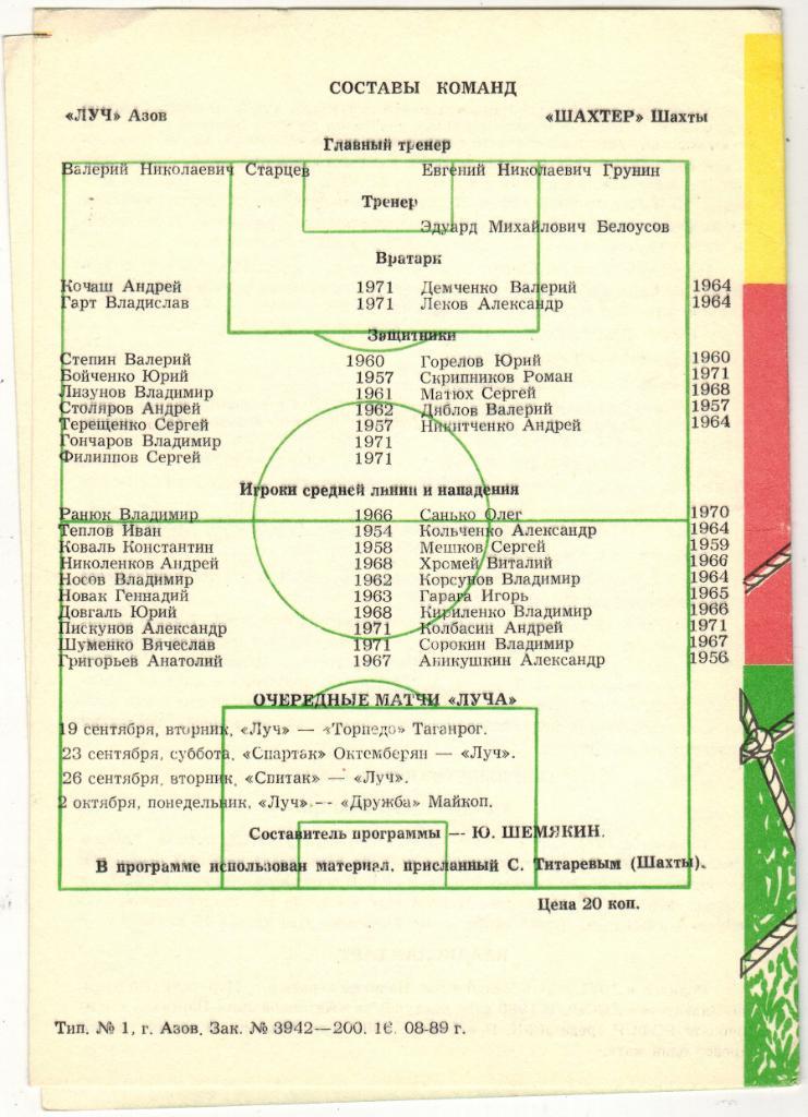 Луч Азов - Шахтер Шахты 16.09.1989 Тираж 200 экз. 1