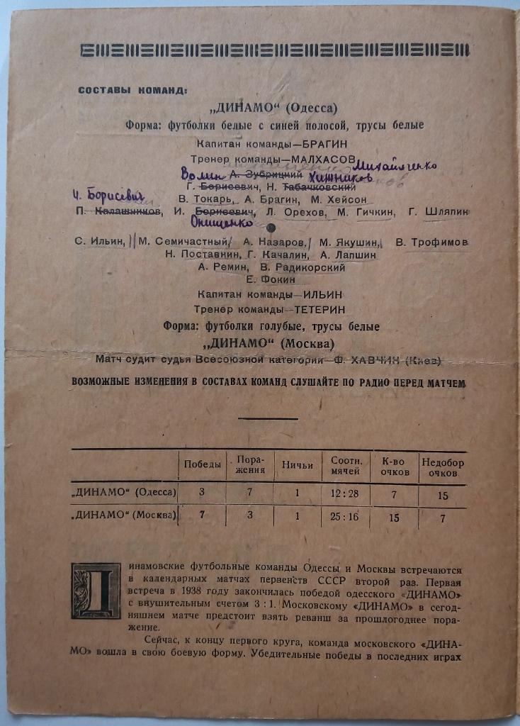Динамо Москва - Динамо Одесса 11.07.1939 ОРИГИНАЛ! 1