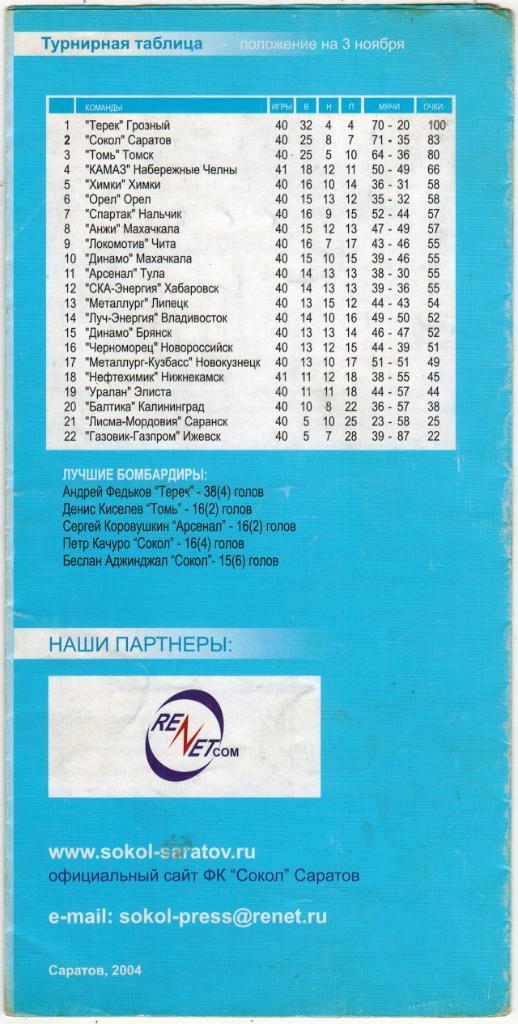 Сокол Саратов - Арсенал Тула 03.11.2004 Официальная программа 1