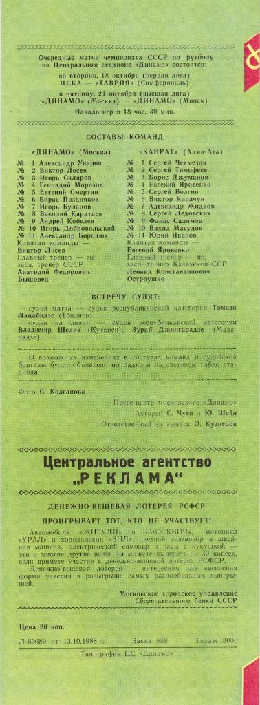Динамо Москва - Кайрат Алма-Ата 17.10.1988 Кубок Федерации 1