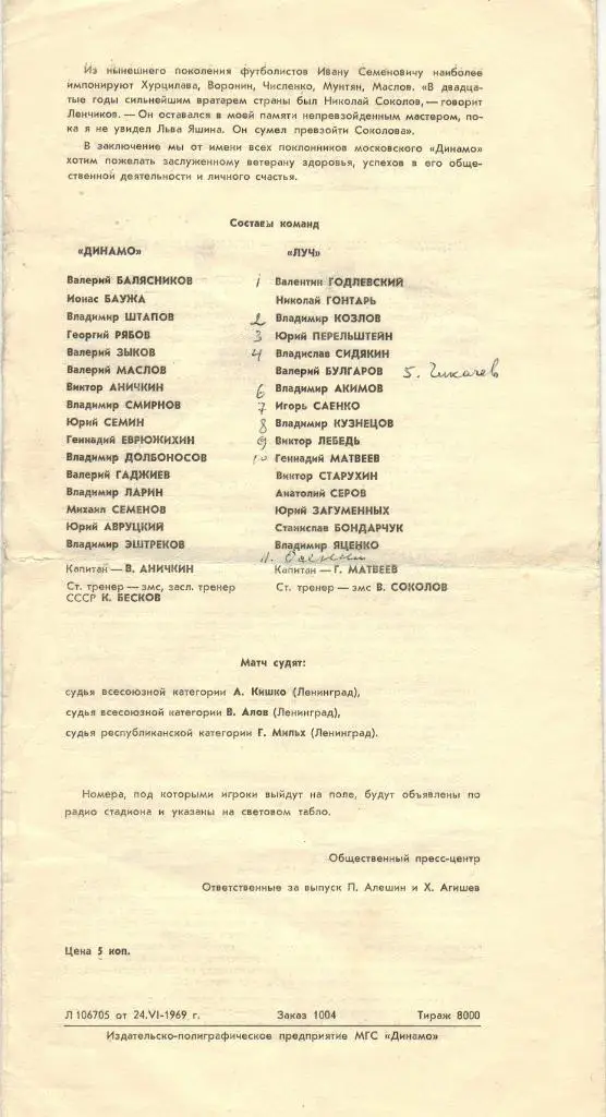 Динамо Москва - Луч Владивосток 27.06.1969 Кубок СССР 1/8 финала 1