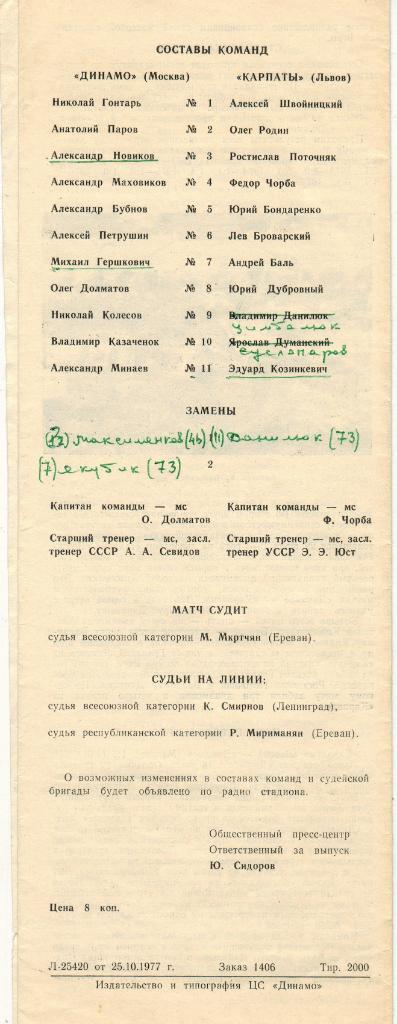 Динамо Москва - Карпаты Львов 28.10.1977 Тираж 2000 экз. 1