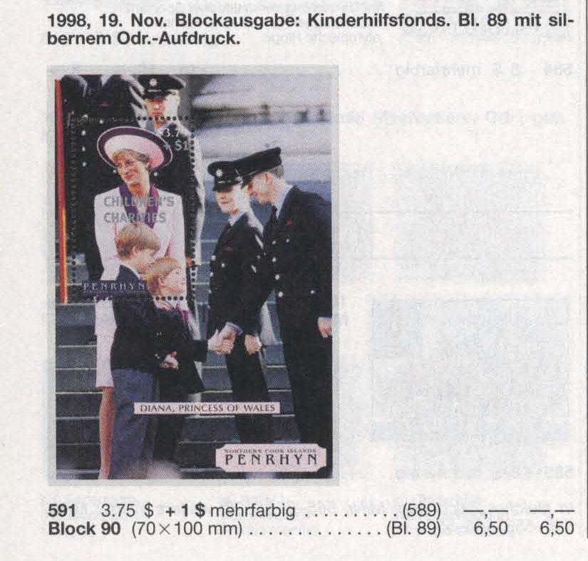Блок Острова Кука/Пенрин 1998 Смерть принцессы Дианы Надпечатка MNH Mi=6,5€ 1
