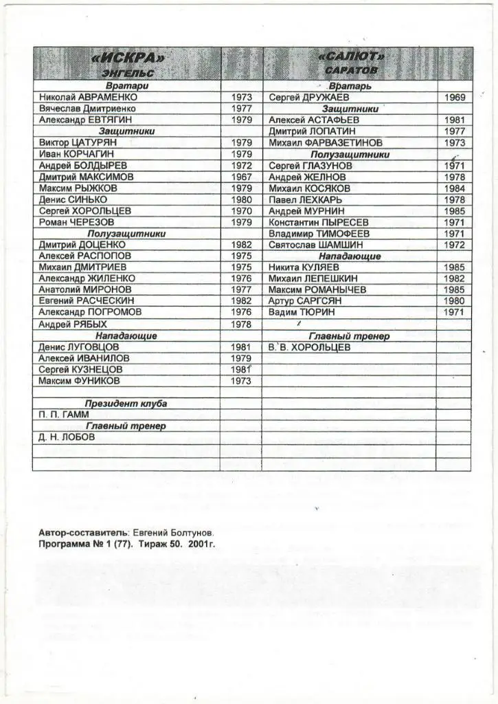 Искра Энгельс - Салют Саратов 17.04.2001 Кубок России Неофициальная Тираж 50 экз 1