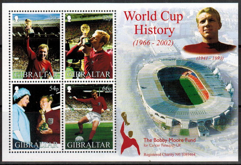 Блок 4 марки Гибралтар 2002 История Кубка мира Бобби Мур MNH Michel = 7 euro