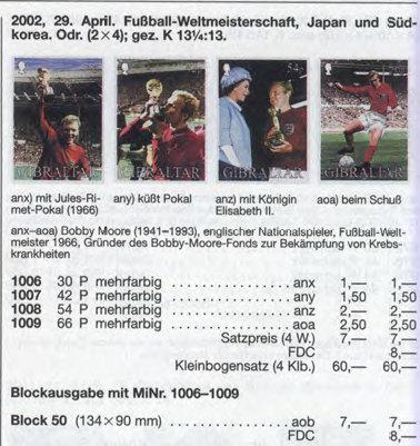 Блок 4 марки Гибралтар 2002 История Кубка мира Бобби Мур MNH Michel = 7 euro 1