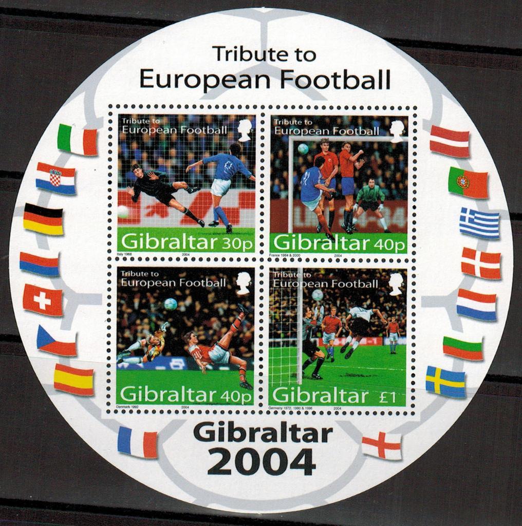 Блок круглый 4 марки Гибралтар 2004 Чемпионат Европы по футболу MNH Michel=7euro