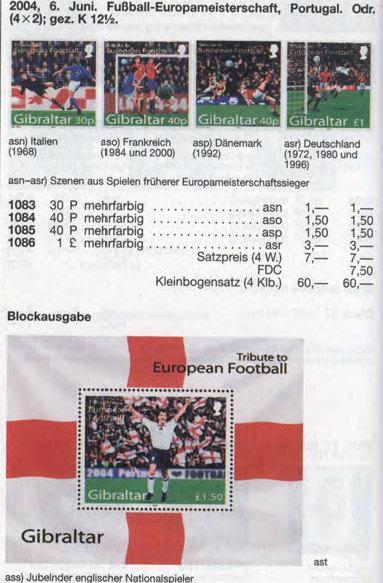 Блок 1 марка Гибралтар 2004 Чемпионат Европы по футболу MNH Michel = 5 euro 1