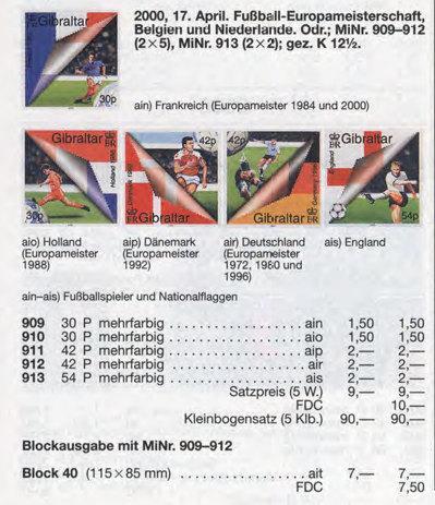 Блок 4 марки Гибралтар 2000 Чемпионат Европы по футболу MNH Michel = 7 euro 1