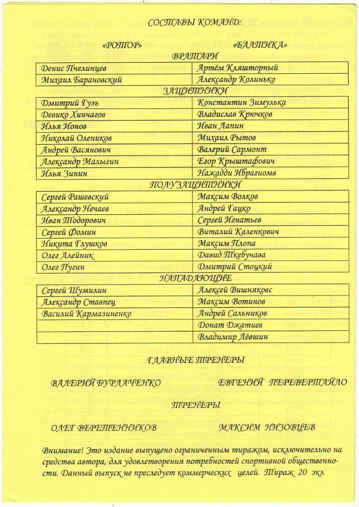 Ротор Волгоград – Балтика Калининград 05.11.2012 Неофициальная Тираж 20 экз. 1