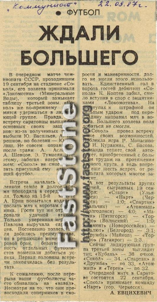 Сокол Саратов - Локомотив Минеральные Воды 19.09.1987