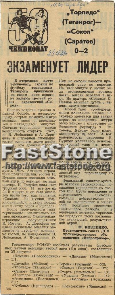 Торпедо Таганрог – Сокол Саратов 25.08.1987