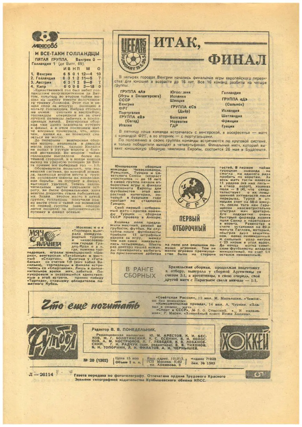 Футбол-Хоккей 1985 №20 Торпедо Кутаиси/Кубок СССР 1/4 финала/Итоги ЧМХ/Финал КОК 1