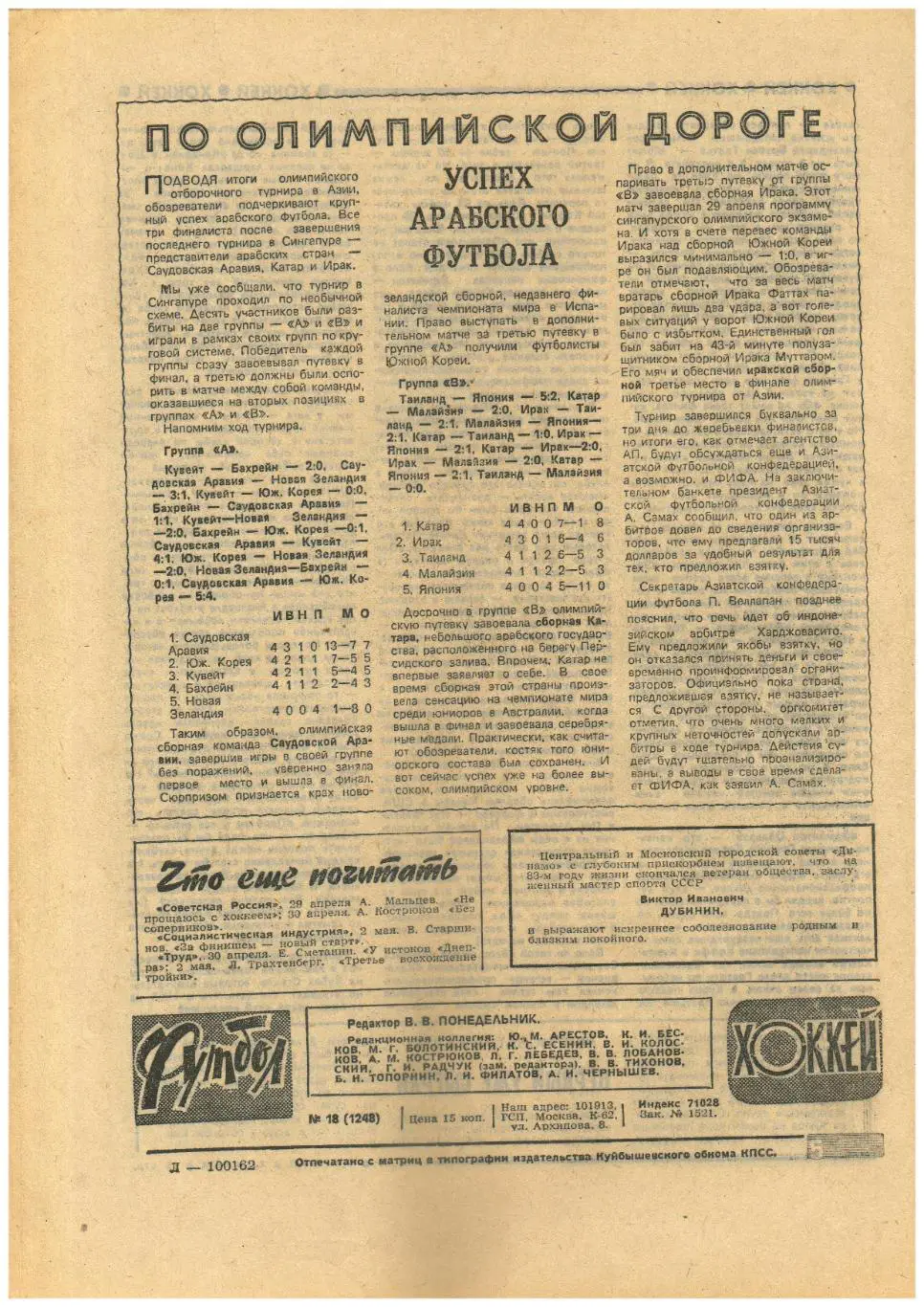 Футбол-Хоккей 1984 №18 Владимир Савдунин разведчик/Владимир Ковин/Чемпионат НХЛ 1