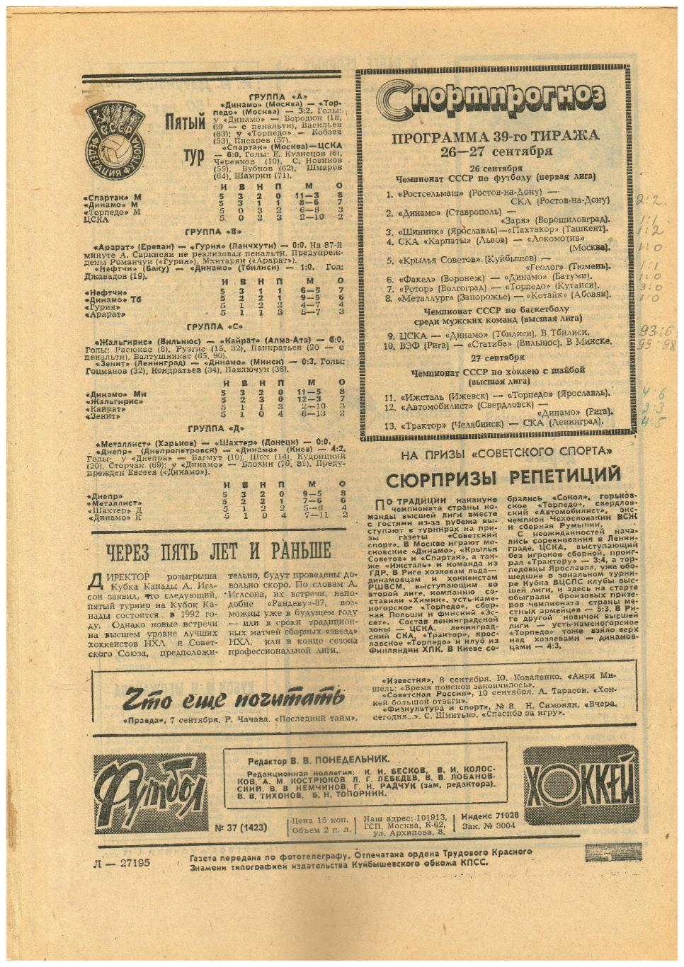 Футбол-Хоккей 1987 №37 ОЧЕ СССР–Франция–1:1/Кубок Канады/Соперники в еврокубках 1