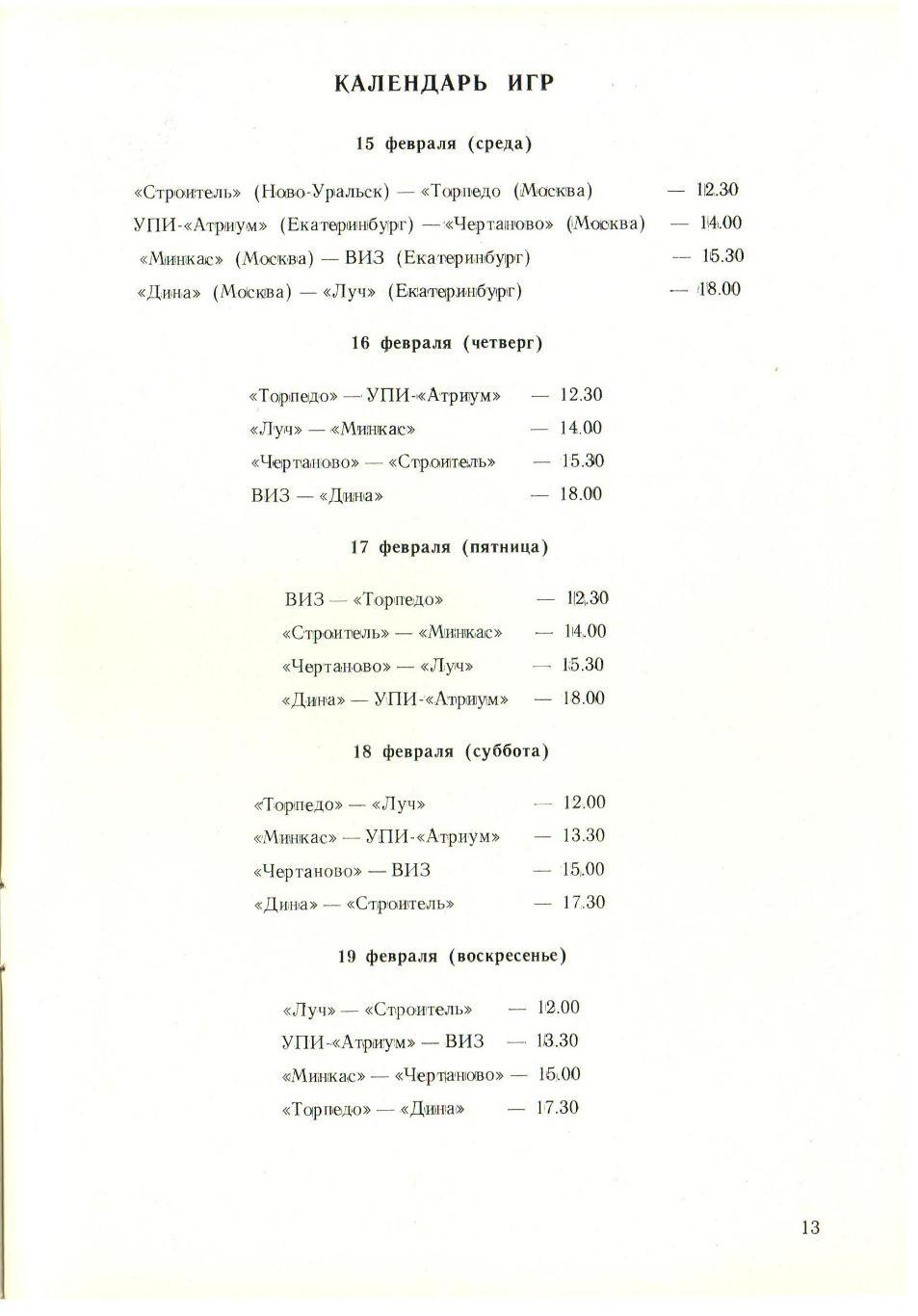 Высшая лига ЧР Дина Чертаново Торпедо Москва Екатеринбург Ново-Уральск 1995 1