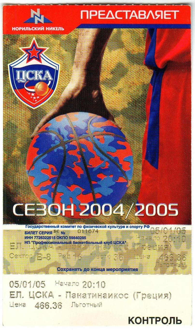 Билет ЦСКА – Панатинаикос Греция 05.01.2005 Евролига ФИБА