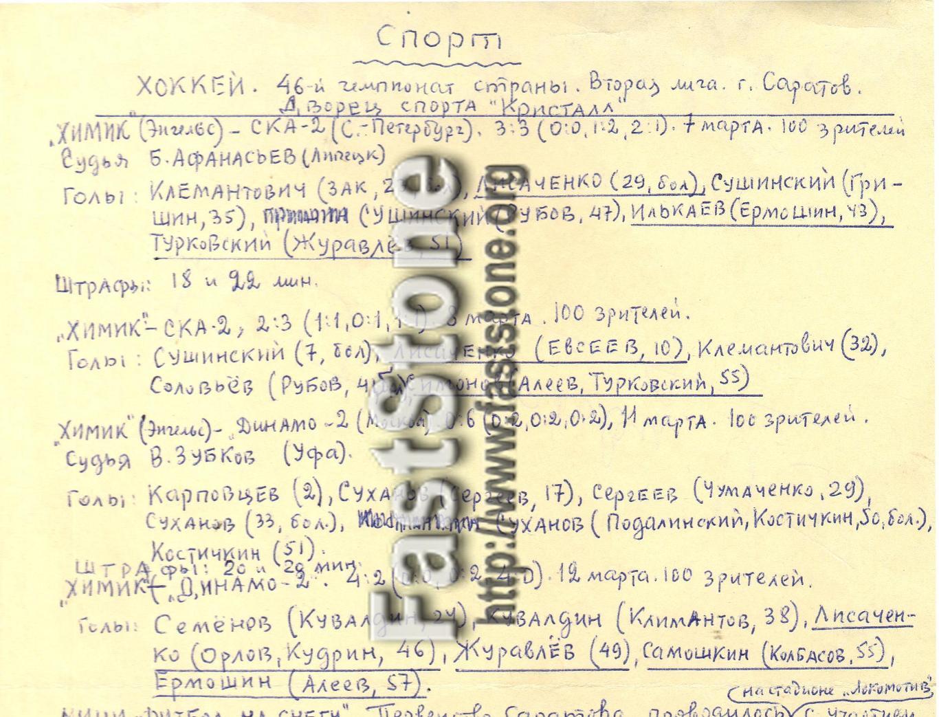 Химик Энгельс – СКА-2 Санкт-Петербург + Динамо-2 Москва 07-08/11-12.03.1992