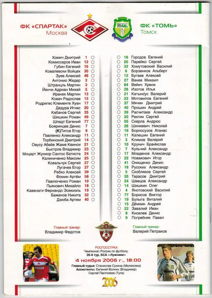Спартак Москва - Томь Томск 04.11.2006 + старт-лист Отчеты Динамо М Интер Шинник 1