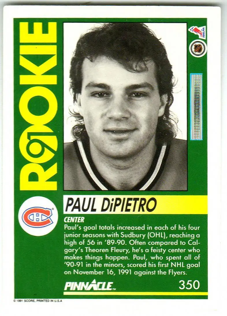 Пол ДиПьетро Монреаль Канадиенс / Paul DiPietro Canadiens 1991 ROOKIE / Новичок 1